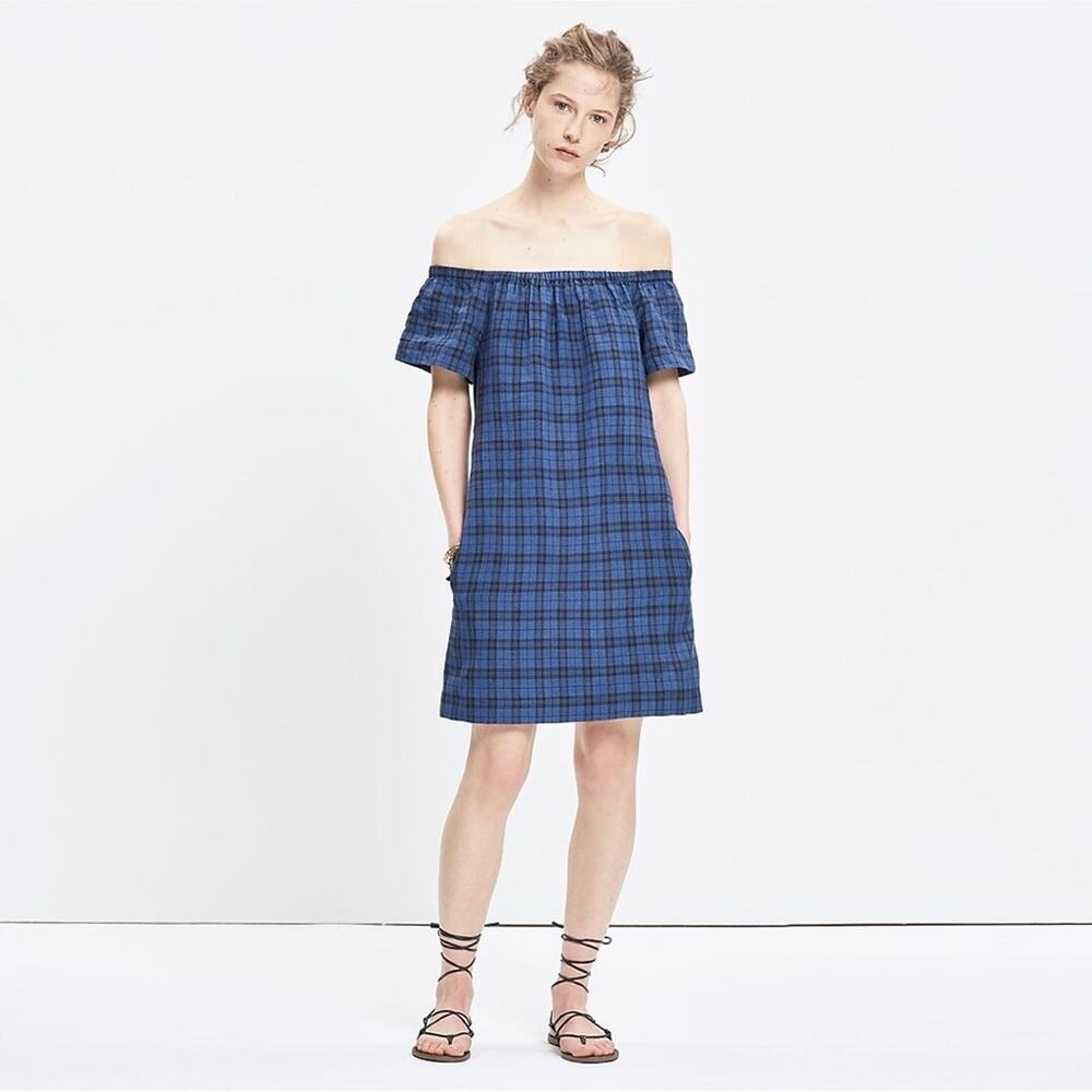 Madewell Plaid Off-the-Shoulder Dress Blue Black Linen Size 4 New